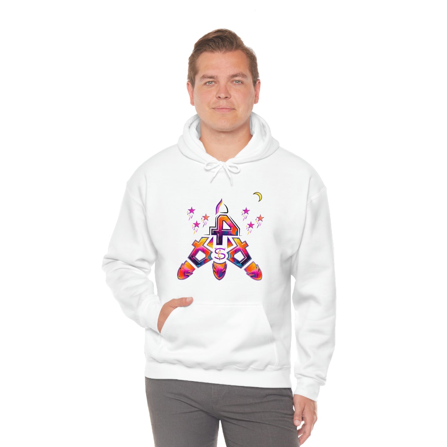 (STE) Logo TAKEOFF Rocket on back. Unisex Heavy Blend™ Hooded Sweatshirt