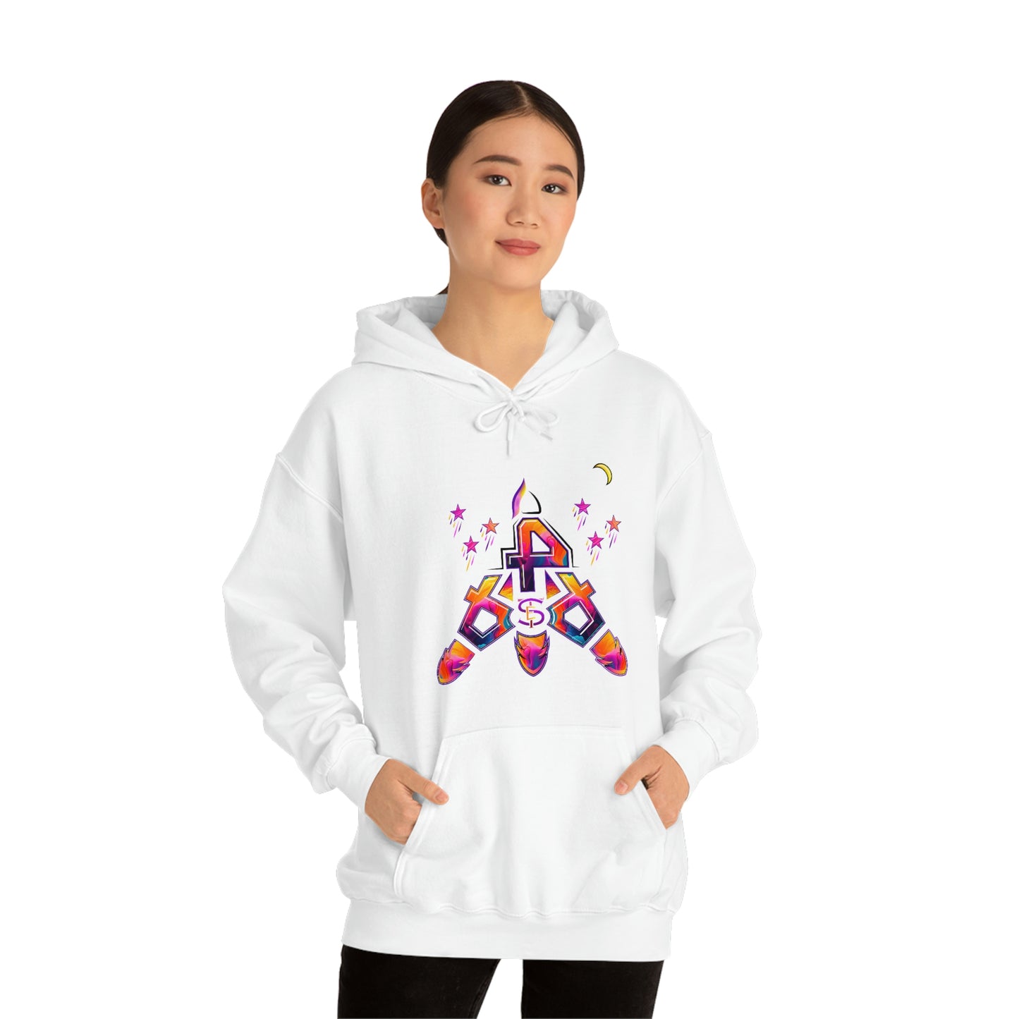 (STE) Logo TAKEOFF Rocket on back. Unisex Heavy Blend™ Hooded Sweatshirt